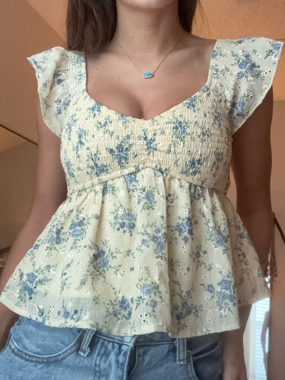Floral Smocked Peplum Camisole - Cream with Blue Floral